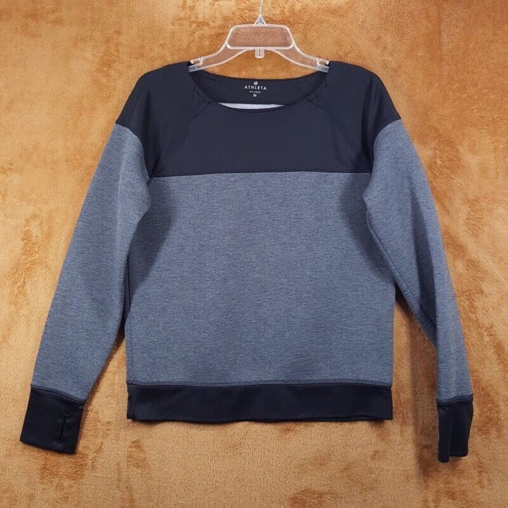 ATHLETA Sweatshirt Womens Medium Gray Fuse Colorblock Scuba Neoprene Thumbhole